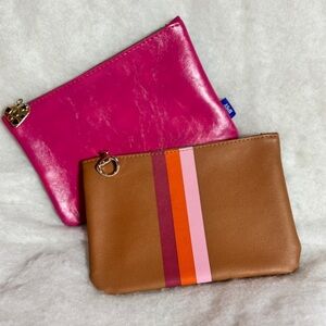2pc Ipsy Zipper Pouch Makeup Bags -Pink/Blue & Tan with Stripes.